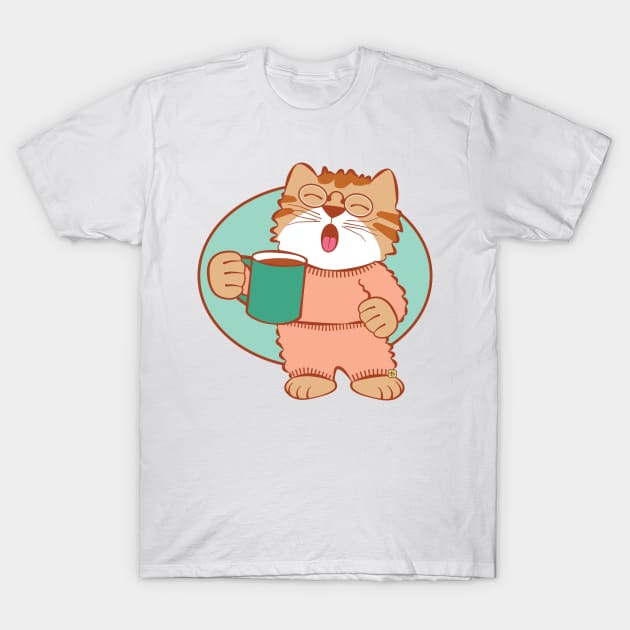 Morning Coffee Cat Yawning T-Shirt by Sue Cervenka